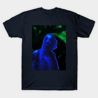 Portrait, digital collage and special processing. Beautiful woman, like painted. Blue and green. Stars. T-Shirt